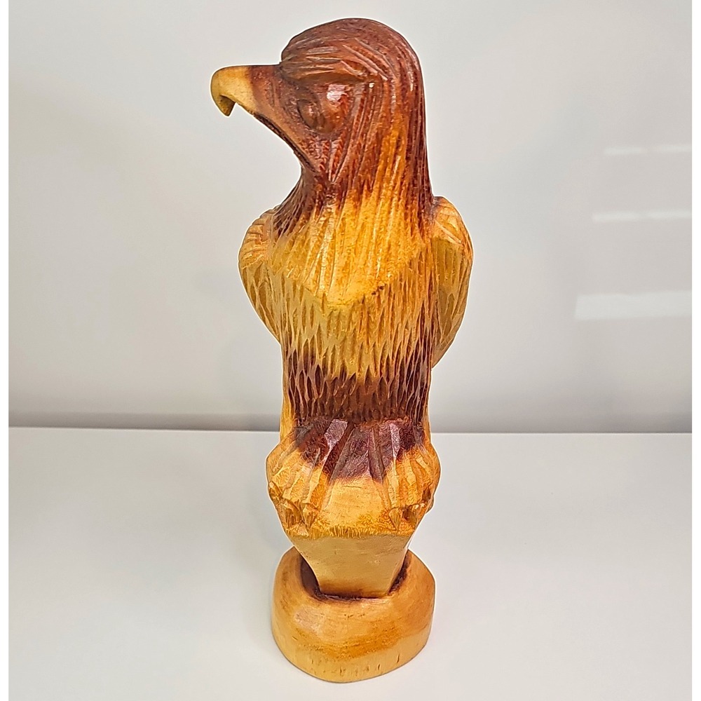 Hand-Carved Wooden Eagle Figurine on Base, Brown/Tan, Unpainted